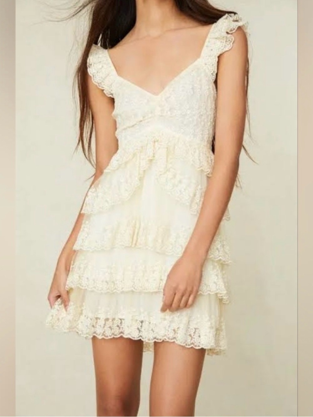 LoveShackFancy Pale Yellow Lace Ruffled Tier Dress